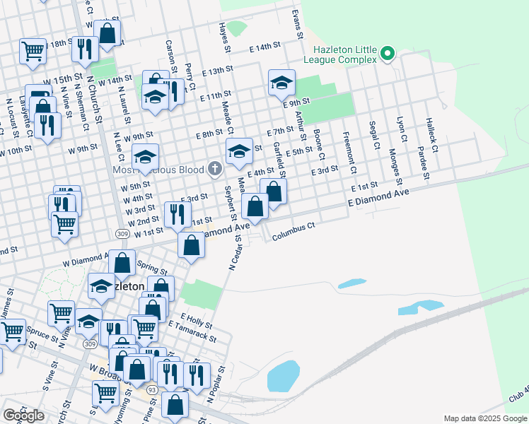 map of restaurants, bars, coffee shops, grocery stores, and more near 345 East Diamond Avenue in Hazleton