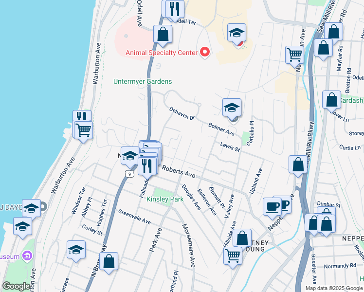 map of restaurants, bars, coffee shops, grocery stores, and more near 632 Park Avenue in Yonkers