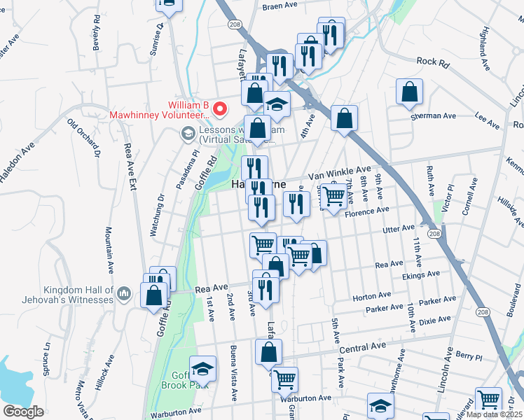 map of restaurants, bars, coffee shops, grocery stores, and more near 686 Lafayette Avenue in Hawthorne