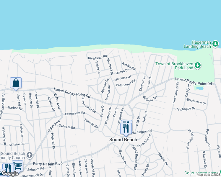 map of restaurants, bars, coffee shops, grocery stores, and more near 25 Oakdale Drive in Sound Beach