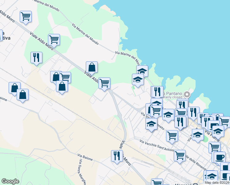 map of restaurants, bars, coffee shops, grocery stores, and more near 315 Via Vittorio Veneto in Monopoli