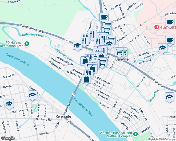 map of restaurants, bars, coffee shops, grocery stores, and more near 243 Rooney Avenue in Danville