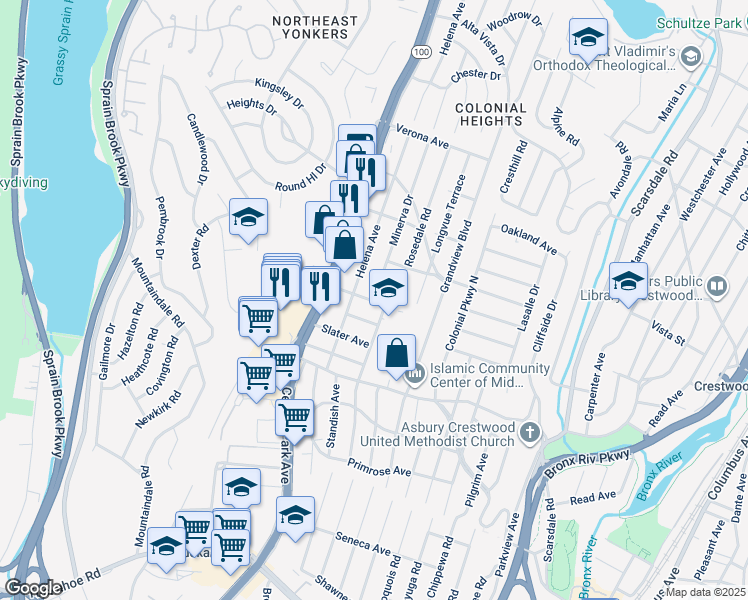 map of restaurants, bars, coffee shops, grocery stores, and more near 2 Minerva Drive in Yonkers