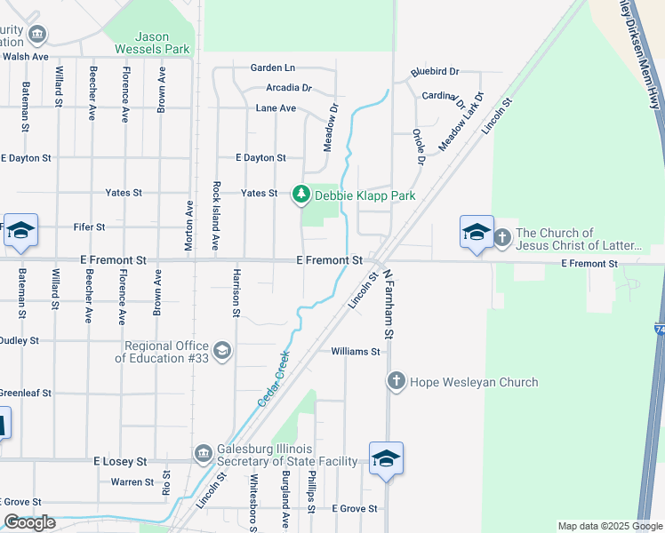 map of restaurants, bars, coffee shops, grocery stores, and more near 1424 East Fremont Street in Galesburg
