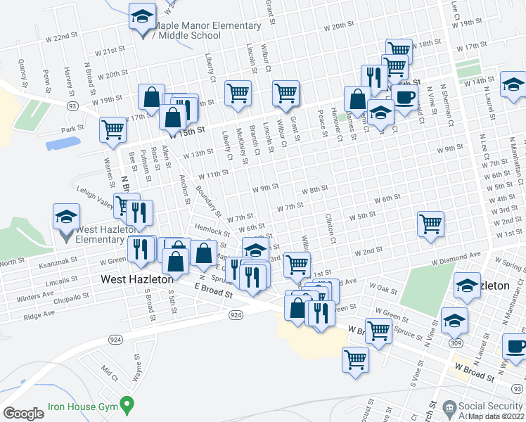 map of restaurants, bars, coffee shops, grocery stores, and more near 680 Lincoln Street in Hazleton