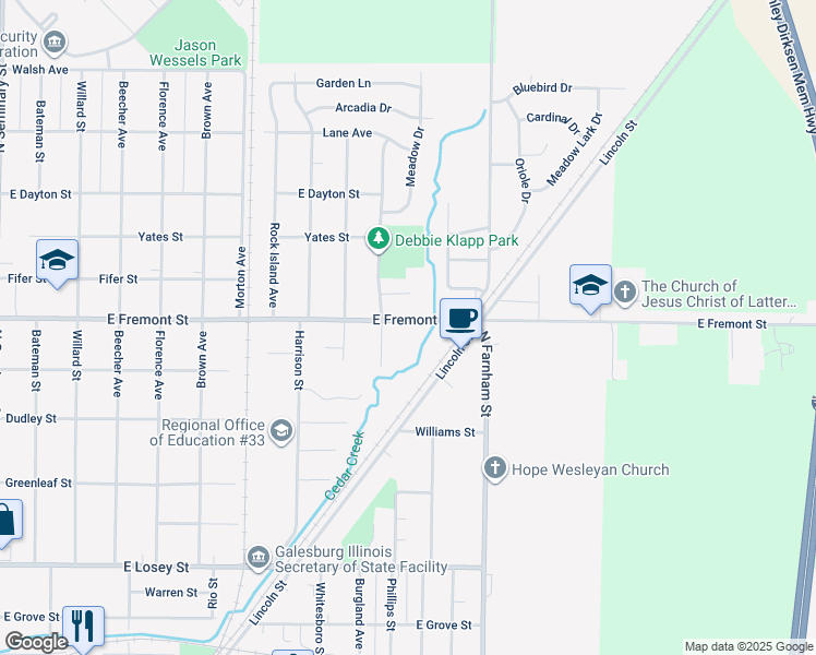 map of restaurants, bars, coffee shops, grocery stores, and more near 1424 East Fremont Street in Galesburg