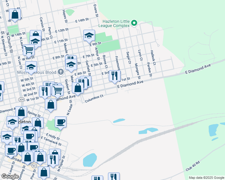 map of restaurants, bars, coffee shops, grocery stores, and more near 524 East Diamond Avenue in Hazleton