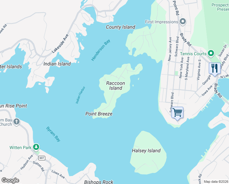 map of restaurants, bars, coffee shops, grocery stores, and more near 40 Raccoon Island Road in Jefferson