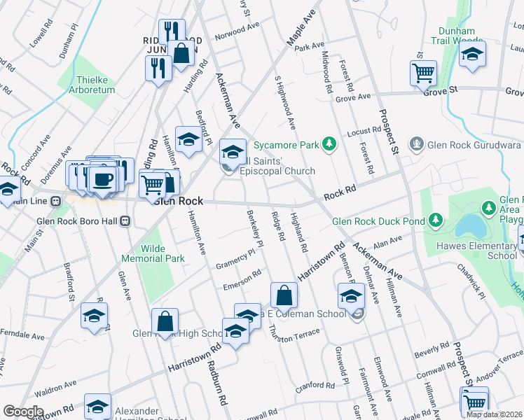 map of restaurants, bars, coffee shops, grocery stores, and more near 426 Rock Road in Glen Rock