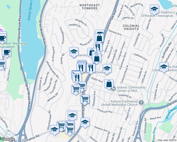 map of restaurants, bars, coffee shops, grocery stores, and more near 1839 Central Park Avenue in Yonkers