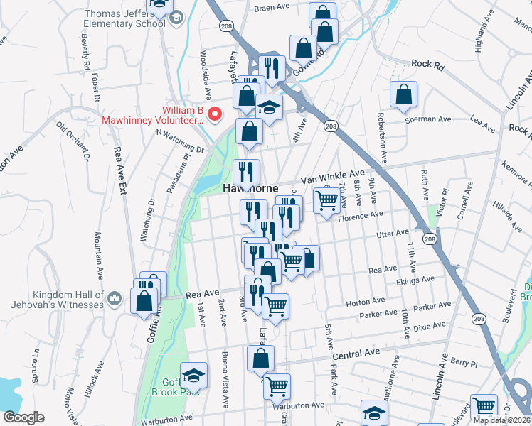 map of restaurants, bars, coffee shops, grocery stores, and more near 114 Genevieve Avenue in Hawthorne