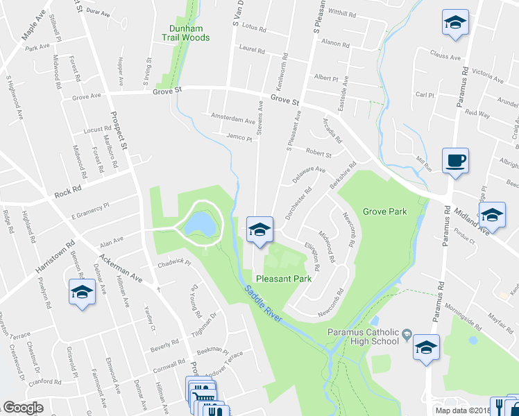map of restaurants, bars, coffee shops, grocery stores, and more near 499 Stevens Avenue in Ridgewood