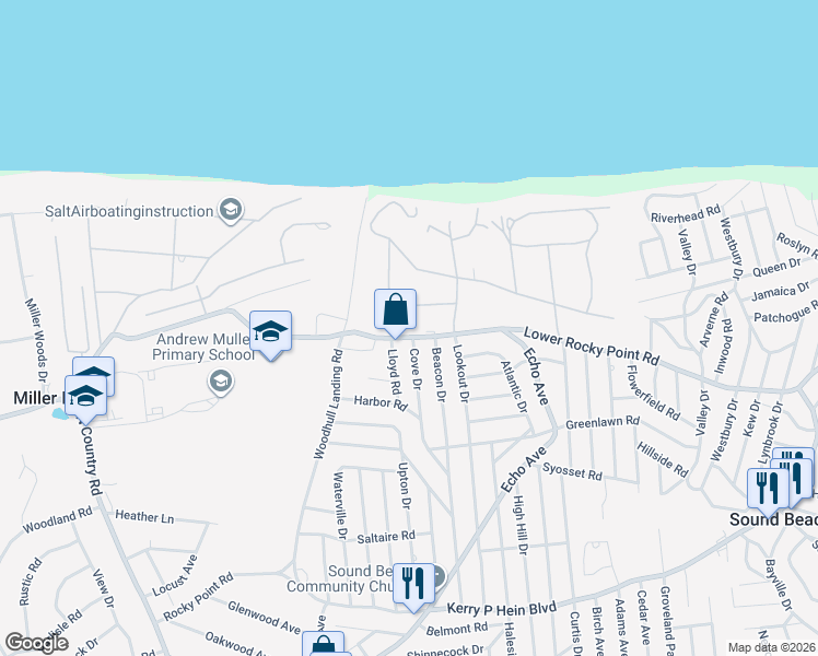 map of restaurants, bars, coffee shops, grocery stores, and more near 283 Lower Rocky Point Road in Sound Beach
