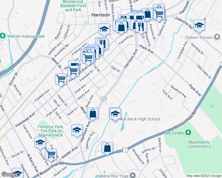 map of restaurants, bars, coffee shops, grocery stores, and more near 50 Harrison Avenue in Harrison