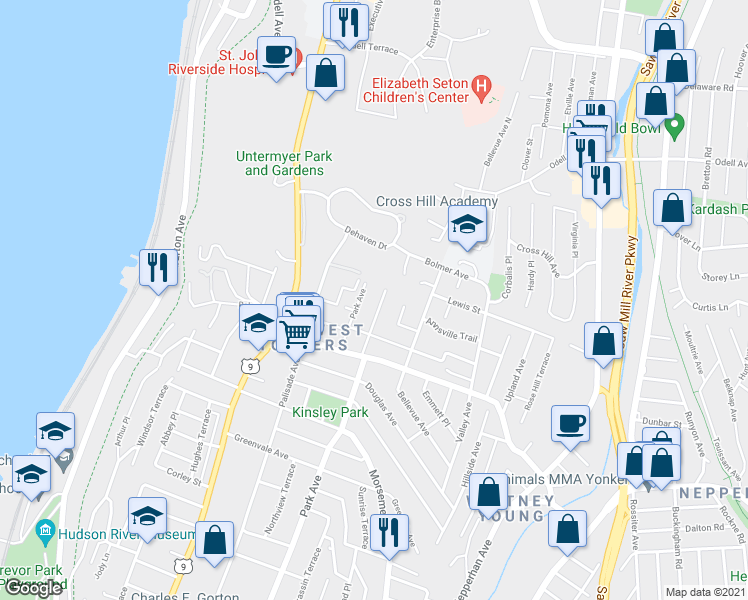 map of restaurants, bars, coffee shops, grocery stores, and more near 632 Park Avenue in Yonkers