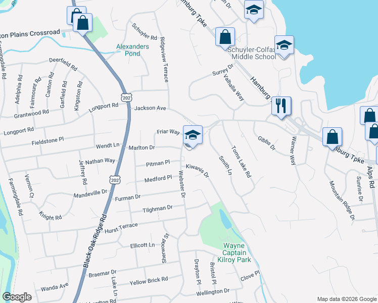map of restaurants, bars, coffee shops, grocery stores, and more near 55 Webster Dr in Wayne