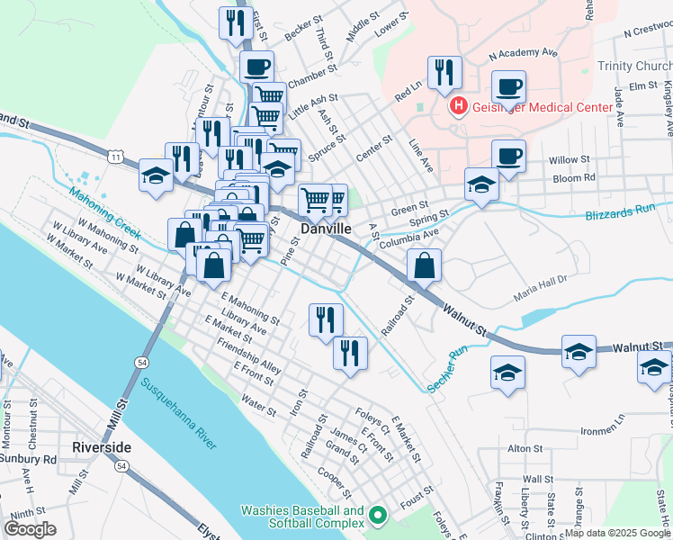 map of restaurants, bars, coffee shops, grocery stores, and more near 318 Lower Mulberry Street in Danville