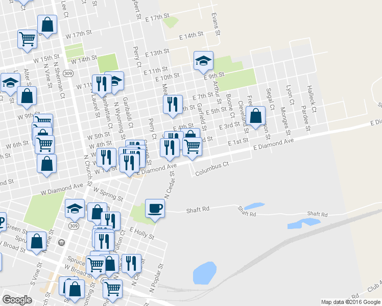map of restaurants, bars, coffee shops, grocery stores, and more near 340 East 1st Street in Hazleton