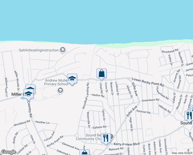map of restaurants, bars, coffee shops, grocery stores, and more near 297 Lower Rocky Point Road in Sound Beach