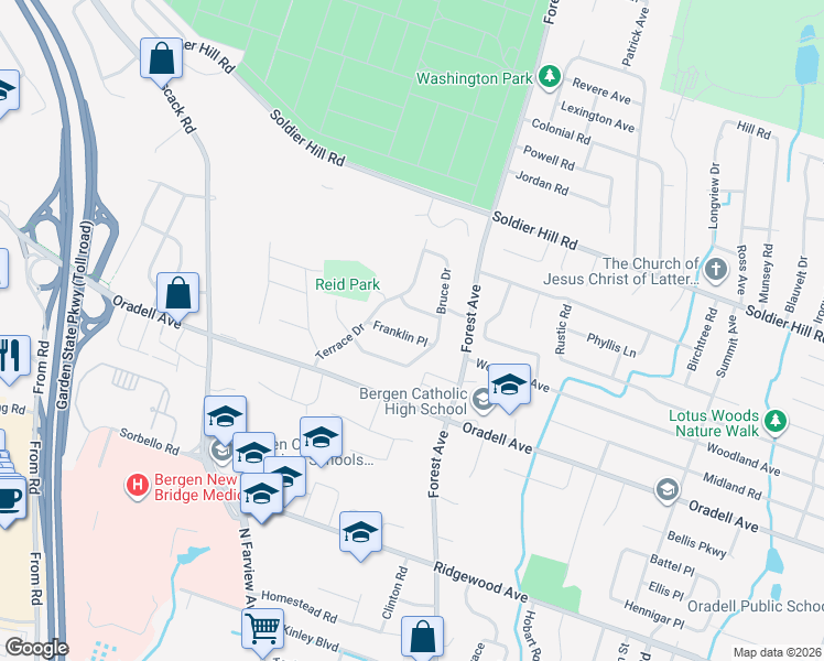 map of restaurants, bars, coffee shops, grocery stores, and more near 329 Franklin Pl in Paramus