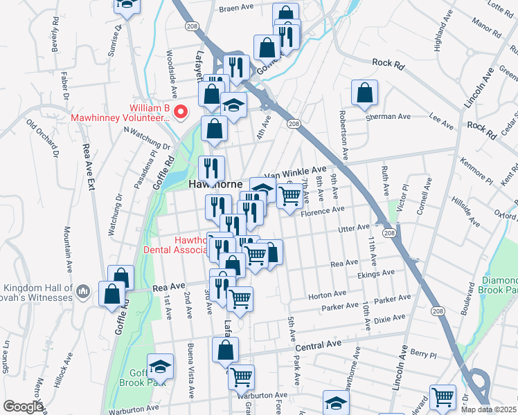 map of restaurants, bars, coffee shops, grocery stores, and more near 1 Ethel Avenue in Hawthorne