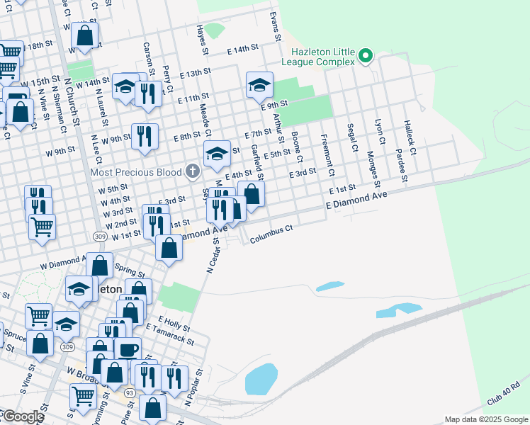 map of restaurants, bars, coffee shops, grocery stores, and more near 345 East Diamond Avenue in Hazleton