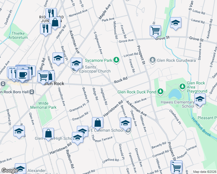 map of restaurants, bars, coffee shops, grocery stores, and more near 494 Rock Road in Glen Rock