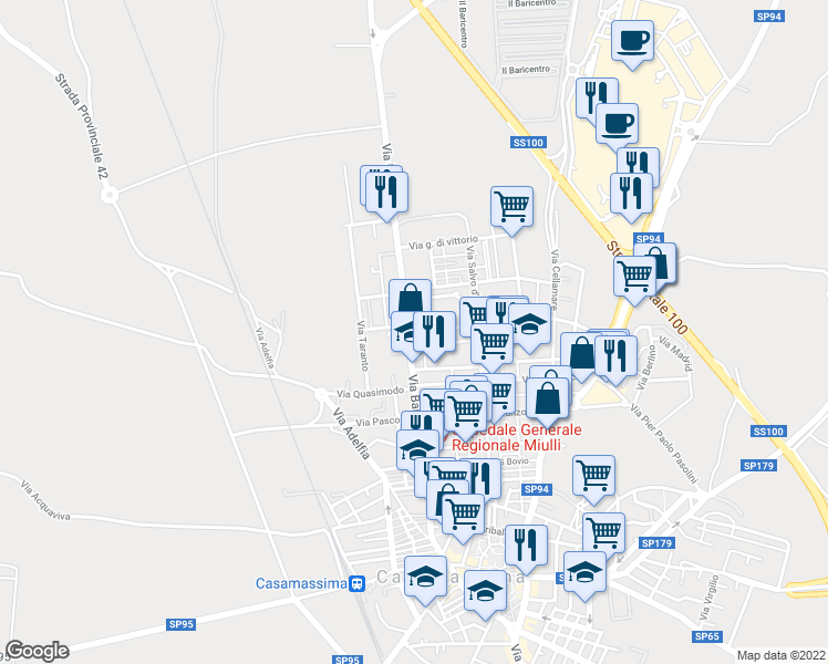 map of restaurants, bars, coffee shops, grocery stores, and more near 29 Via Bari in Casamassima