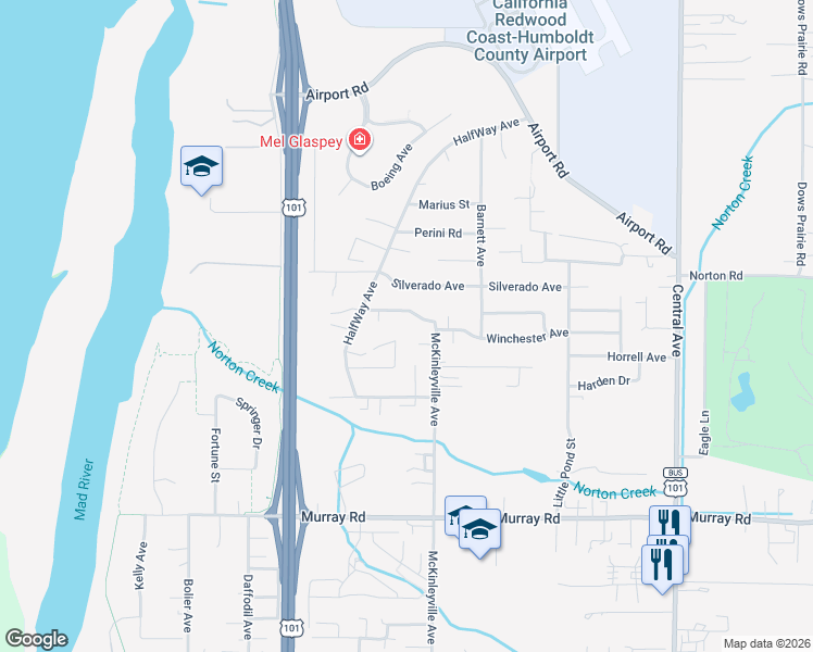 map of restaurants, bars, coffee shops, grocery stores, and more near 1124 Killdeer Road in McKinleyville