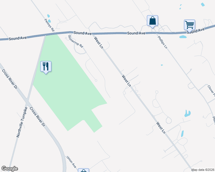 map of restaurants, bars, coffee shops, grocery stores, and more near 370 Stonecrop Road in Riverhead