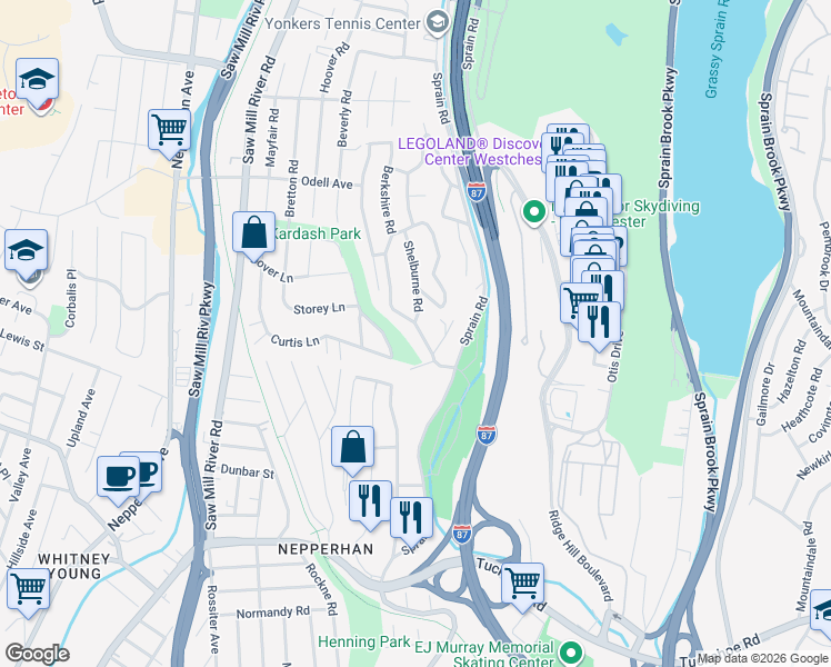 map of restaurants, bars, coffee shops, grocery stores, and more near 21 Westminster Drive in Yonkers