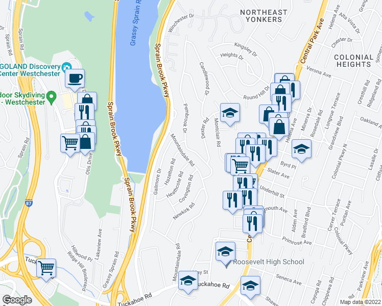 map of restaurants, bars, coffee shops, grocery stores, and more near 79 Pembrook Drive in Yonkers