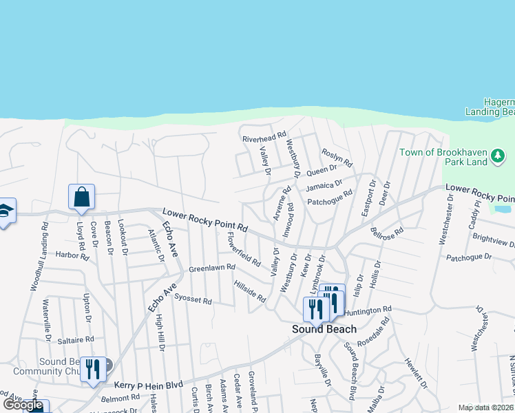 map of restaurants, bars, coffee shops, grocery stores, and more near 38 Montauk Road in Sound Beach