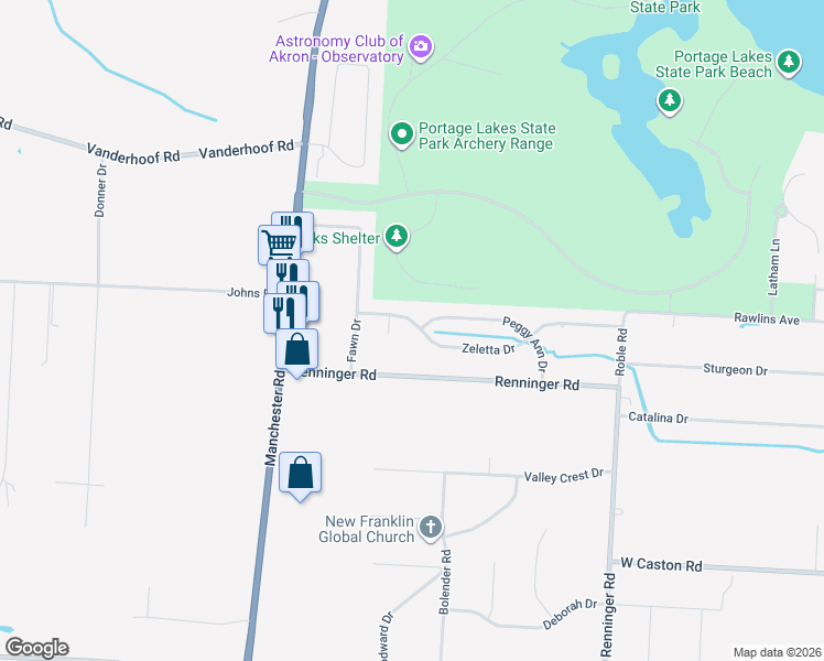 map of restaurants, bars, coffee shops, grocery stores, and more near 878 Zeletta Drive in Akron