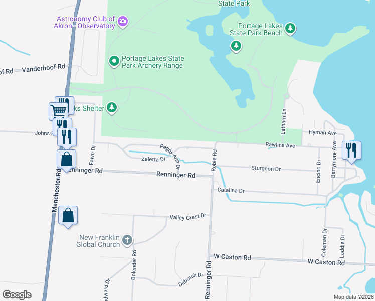 map of restaurants, bars, coffee shops, grocery stores, and more near 702 Zeletta Drive in Akron