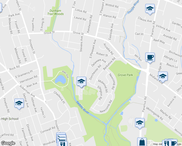 map of restaurants, bars, coffee shops, grocery stores, and more near 475 Dorchester Road in Ridgewood