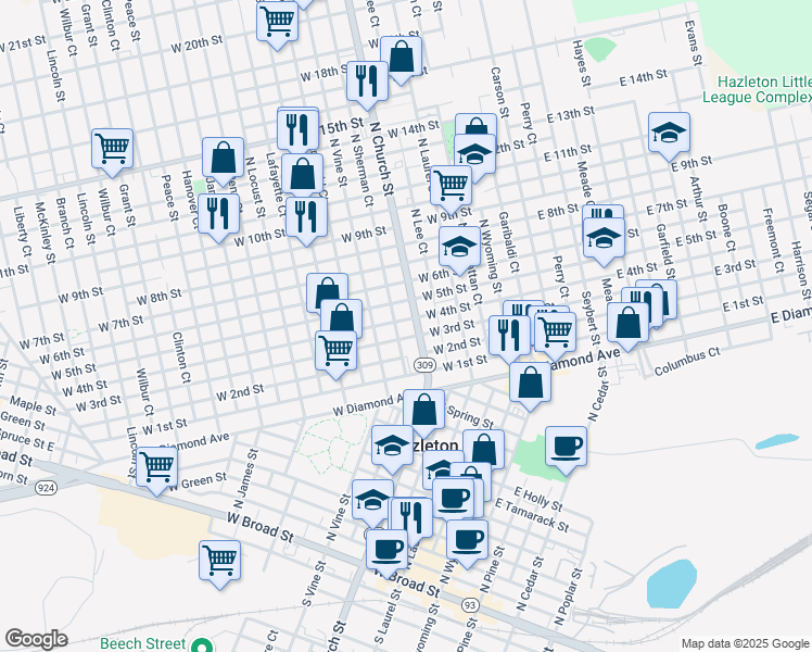 map of restaurants, bars, coffee shops, grocery stores, and more near 562-580 Highway 309 in Hazleton