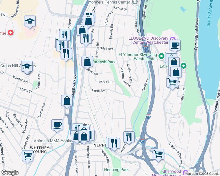 map of restaurants, bars, coffee shops, grocery stores, and more near 114 Curtis Lane in Yonkers