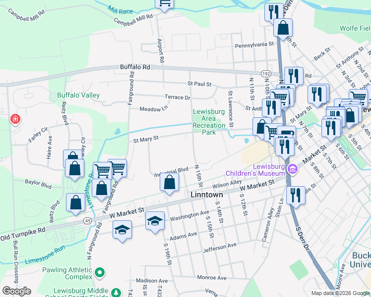 map of restaurants, bars, coffee shops, grocery stores, and more near 163 North 15th Street in Lewisburg
