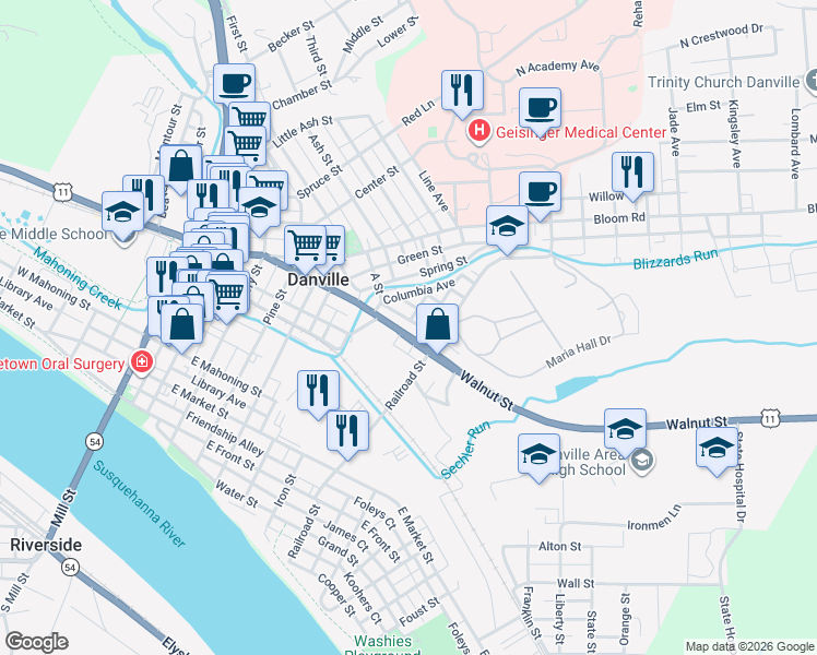 map of restaurants, bars, coffee shops, grocery stores, and more near 24 Nicholas Avenue in Danville