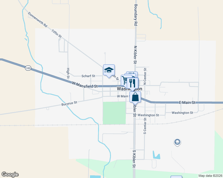 map of restaurants, bars, coffee shops, grocery stores, and more near 323 West Mansfield Street in New Washington
