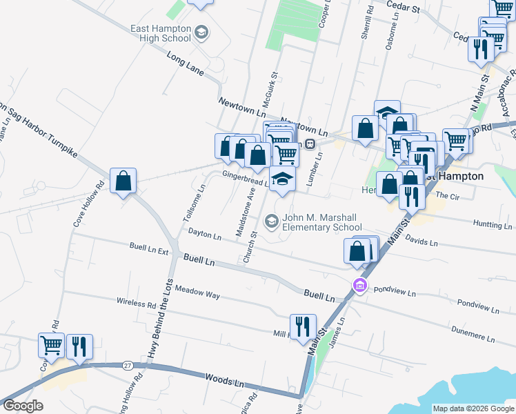 map of restaurants, bars, coffee shops, grocery stores, and more near 15 Church St in East Hampton