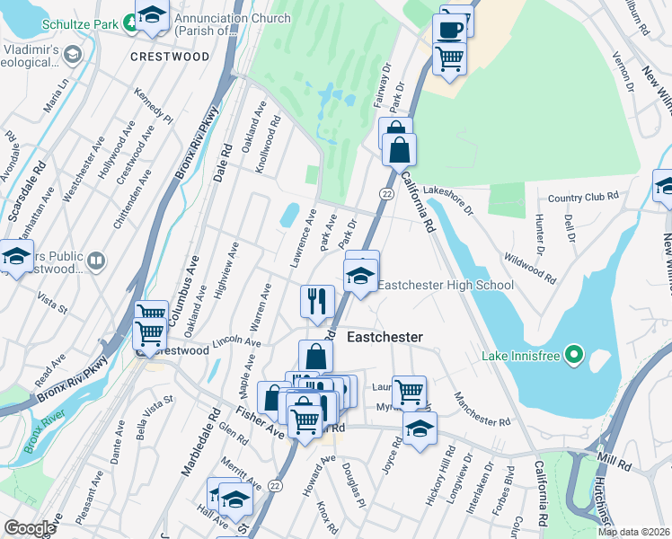 map of restaurants, bars, coffee shops, grocery stores, and more near 10 Apple Court in Eastchester