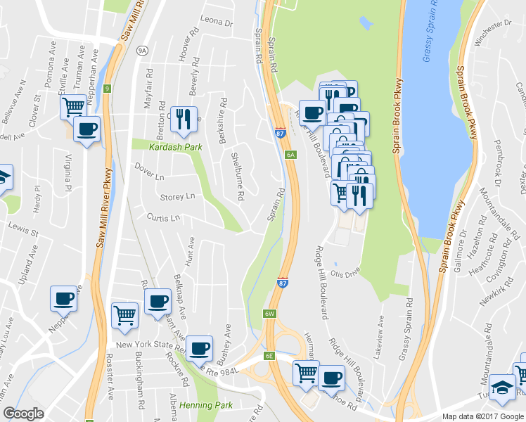map of restaurants, bars, coffee shops, grocery stores, and more near 22 Middlesex Lane in Yonkers
