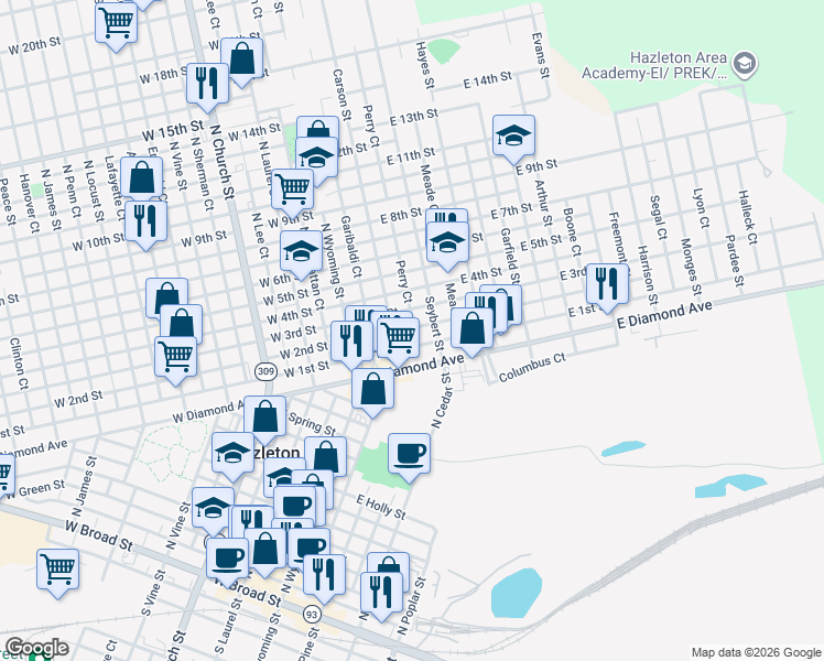 map of restaurants, bars, coffee shops, grocery stores, and more near 118 East 2nd Street in Hazleton