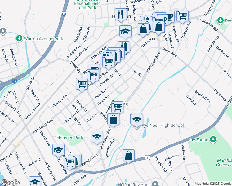 map of restaurants, bars, coffee shops, grocery stores, and more near 64A Henry Avenue in Harrison