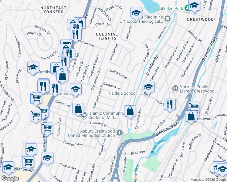 map of restaurants, bars, coffee shops, grocery stores, and more near 133 Lasalle Drive in Yonkers