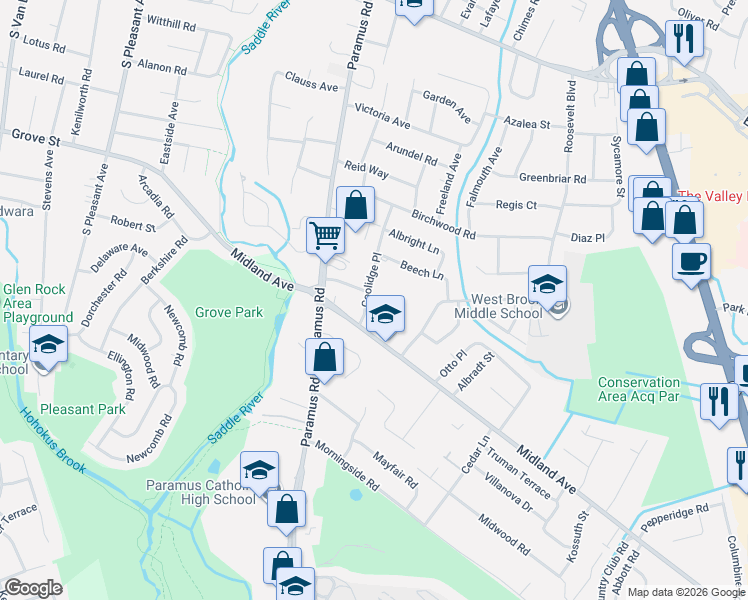 map of restaurants, bars, coffee shops, grocery stores, and more near 539 Coolidge Place in Paramus