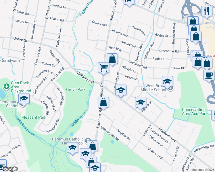 map of restaurants, bars, coffee shops, grocery stores, and more near 534 Paramus Road in Paramus