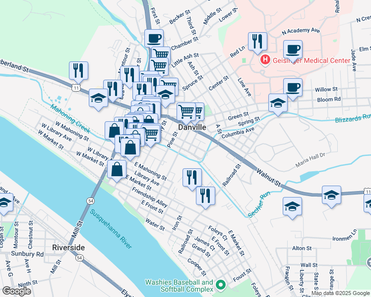 map of restaurants, bars, coffee shops, grocery stores, and more near 257-299 D L and West Avenue in Danville